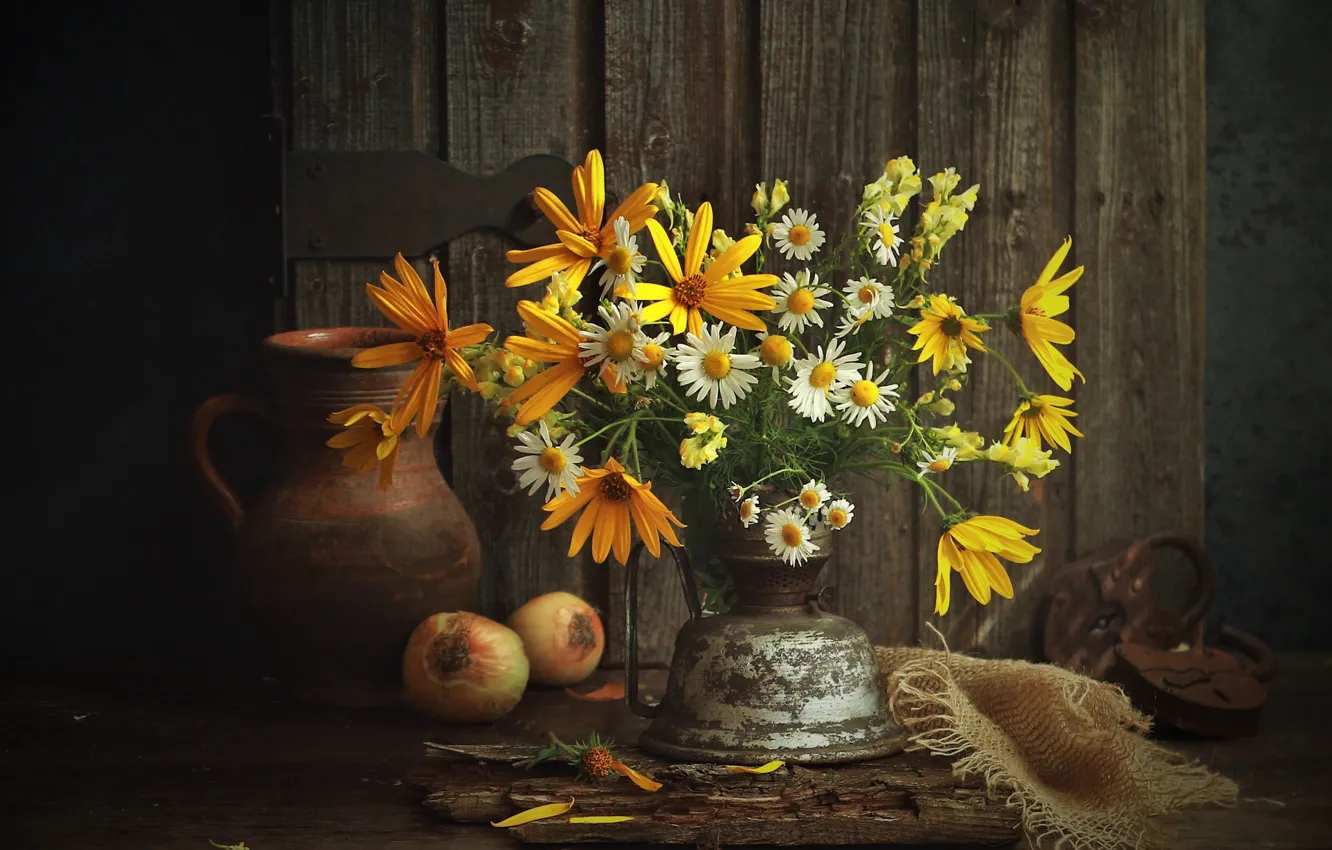 Photo wallpaper flowers, yellow, table, castle, Board, chamomile, bouquet, bow