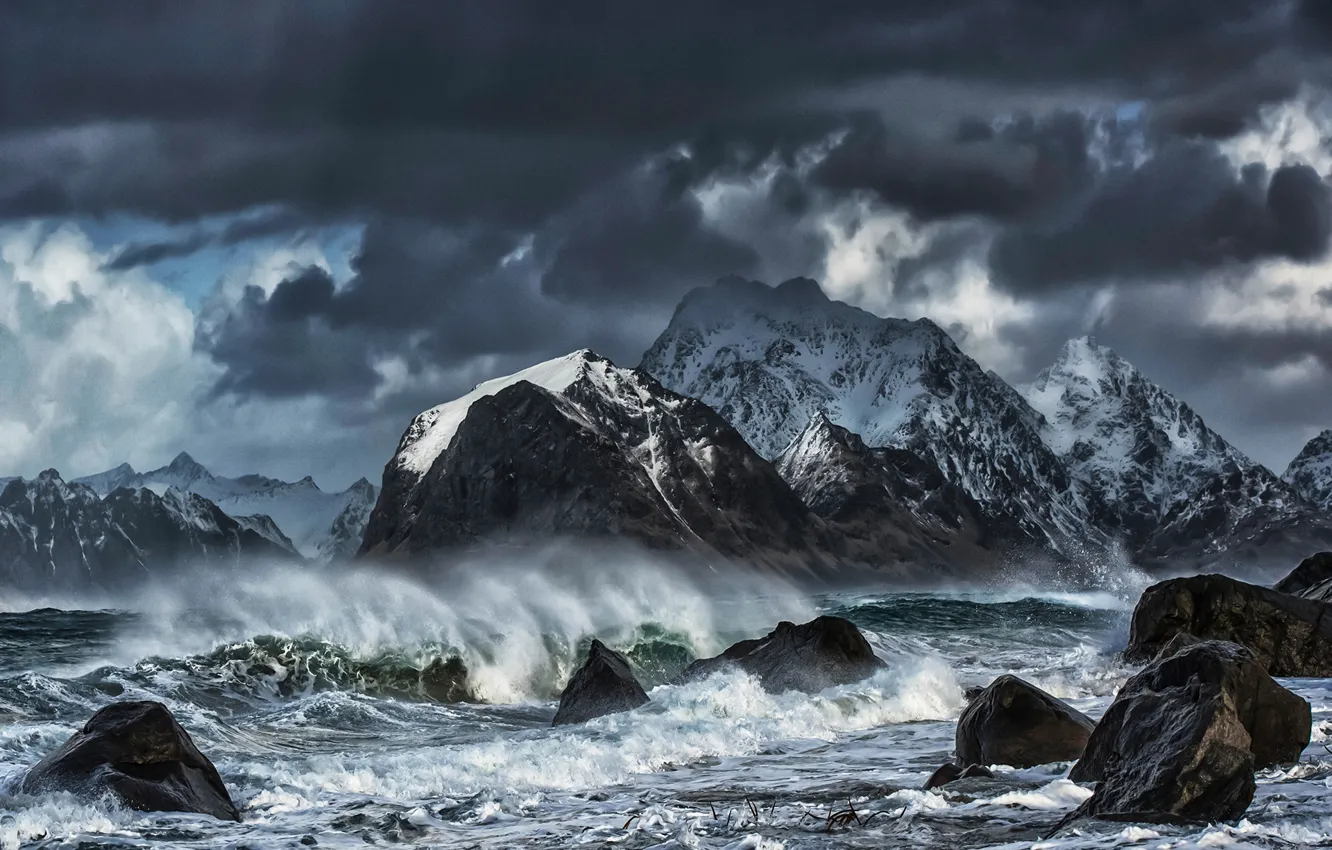 Photo wallpaper sea, wave, mountains, squirt, clouds, storm, stones, rocks