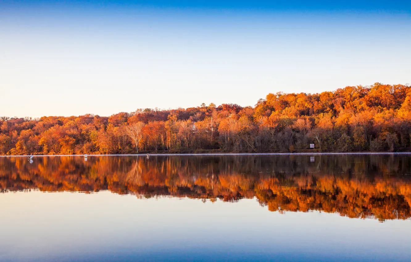 Photo wallpaper the sky, trees, lake, reflection, mirror, the shore of the lake