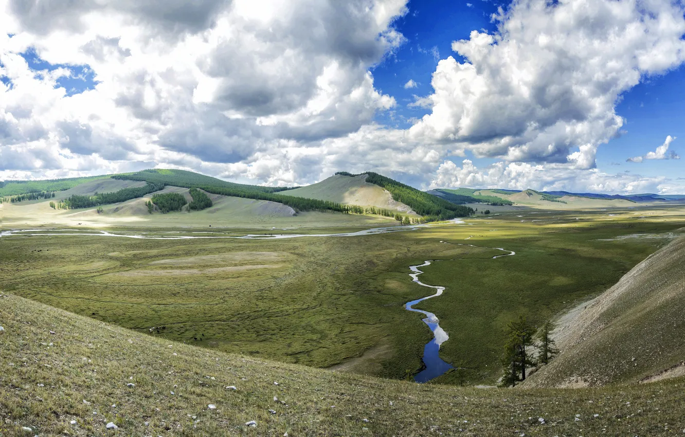 Photo wallpaper field, forest, the sky, clouds, light, mountains, river, blue