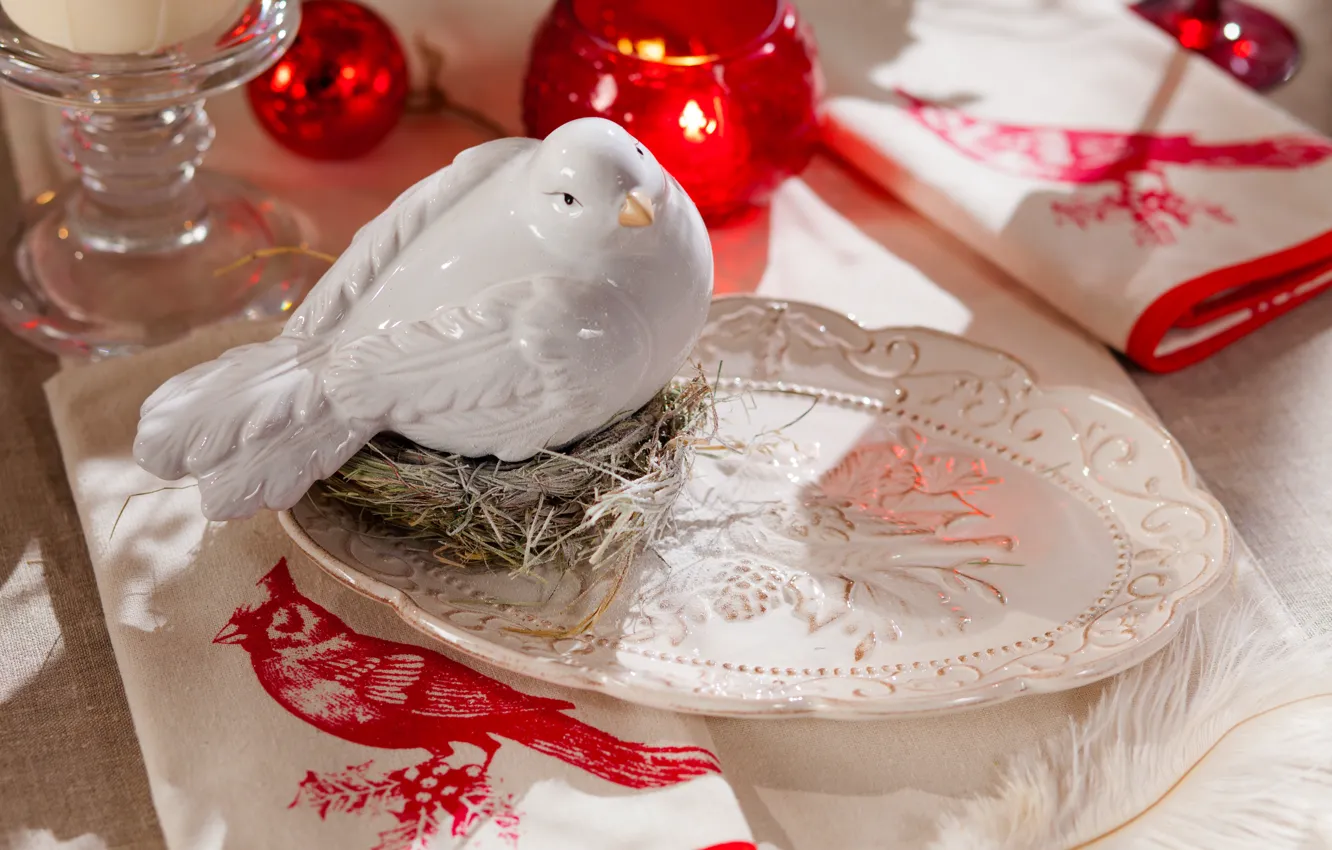 Photo wallpaper dishes, bird, decor, candle, Table setting