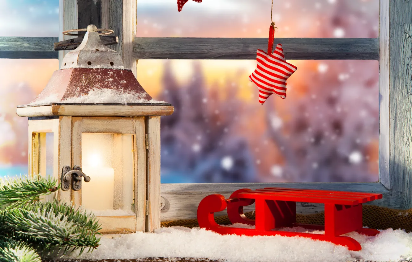 Photo wallpaper winter, snow, decoration, gift, new year, window, Christmas, Christmas