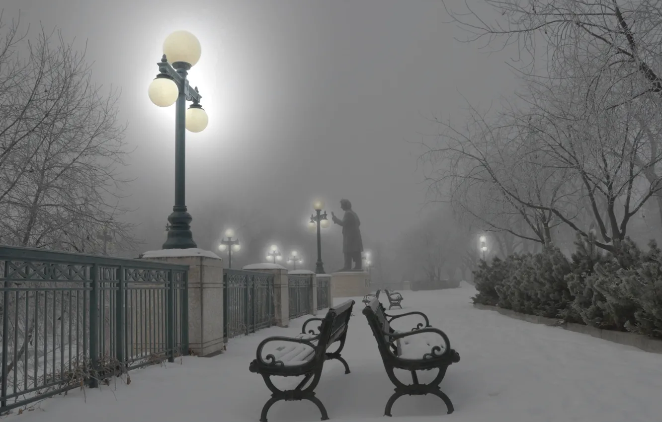 Photo wallpaper winter, snow, fog, Park, lights, bench