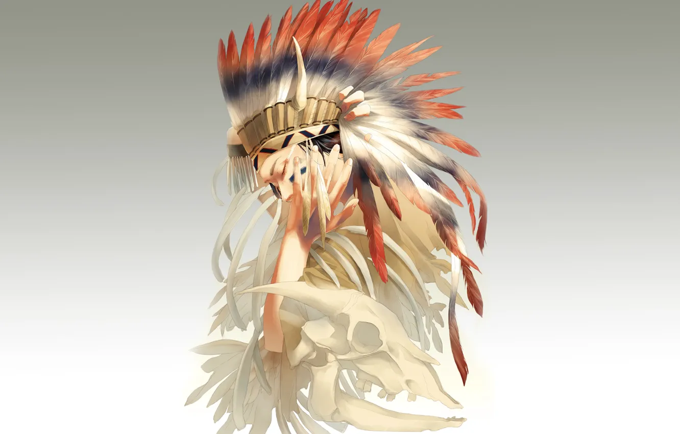 Photo wallpaper feathers, skeleton, guy, art, Indian, headdress
