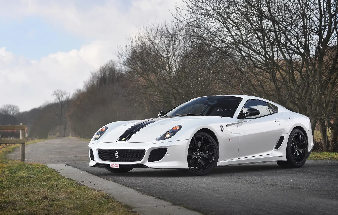 Photo wallpaper Ferrari, white, grass, road, 599, sky, trees, GTO