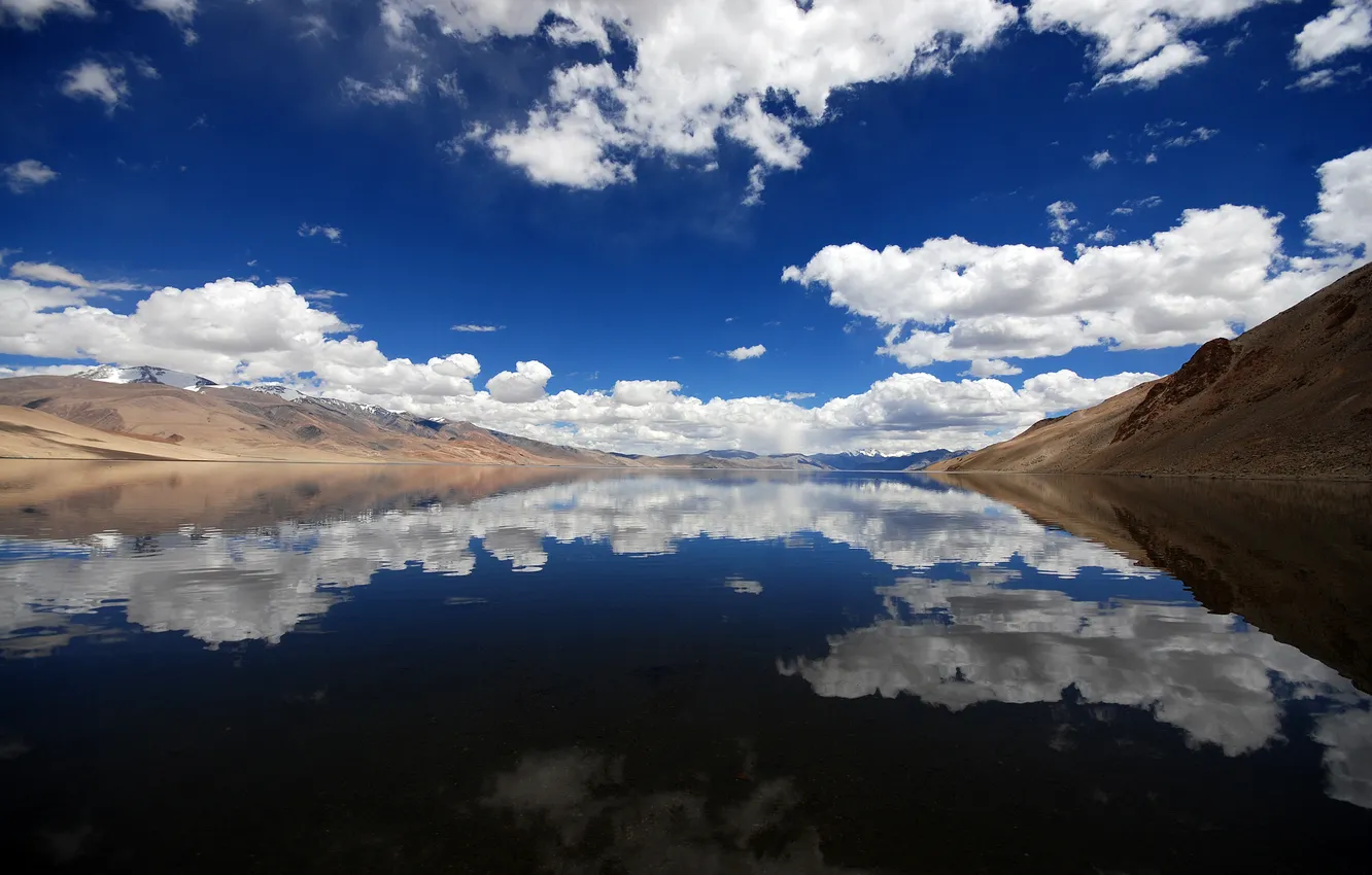 Photo wallpaper the sky, water, clouds, snow, mountains, lake, reflection