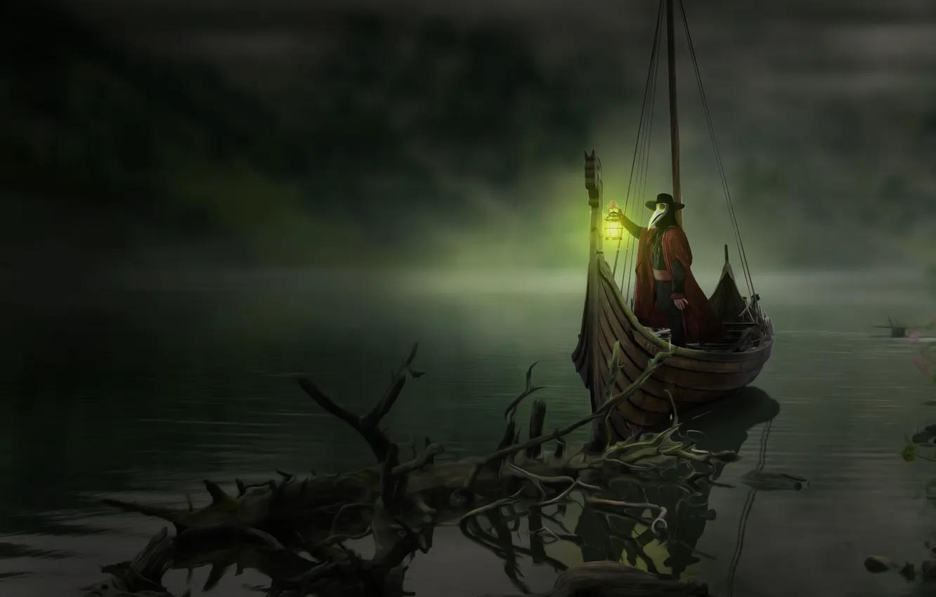 Photo wallpaper light, lake, Boat, fantasy, art, lantern, The plague doctor