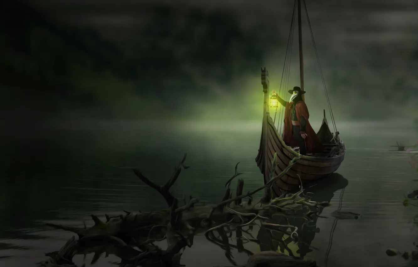 Photo wallpaper light, lake, boat, fantasy, art, lights, the plague doctor