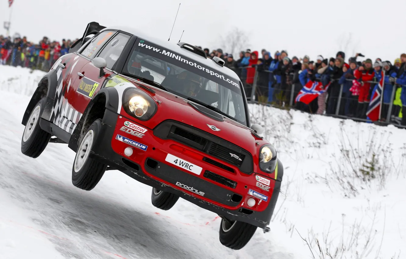 Photo wallpaper winter, auto, snow, red, people, Mini, Mini Cooper, WRC