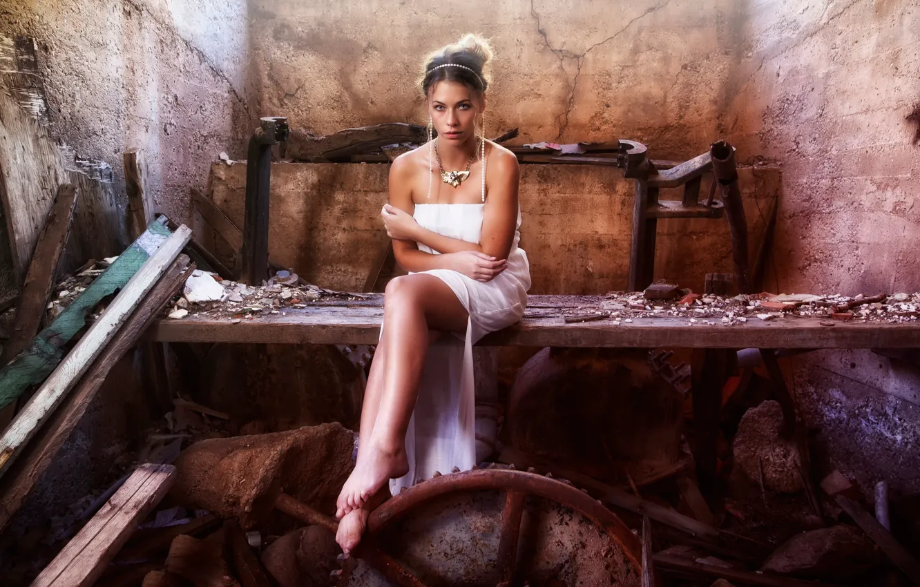 Photo wallpaper girl, dress, devastation, abandoned building, stuff, elegance