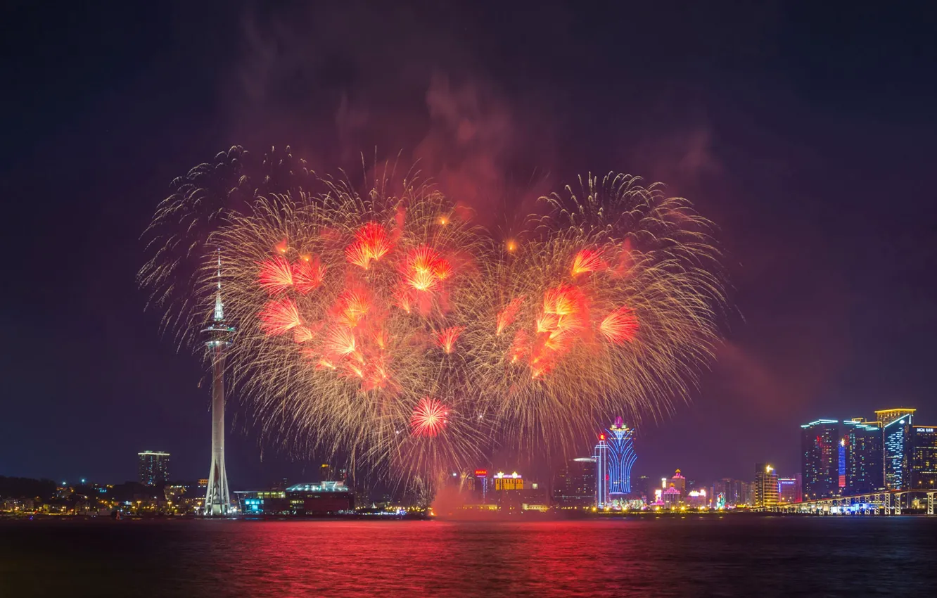 Photo wallpaper heart, salute, China, fireworks, Macau
