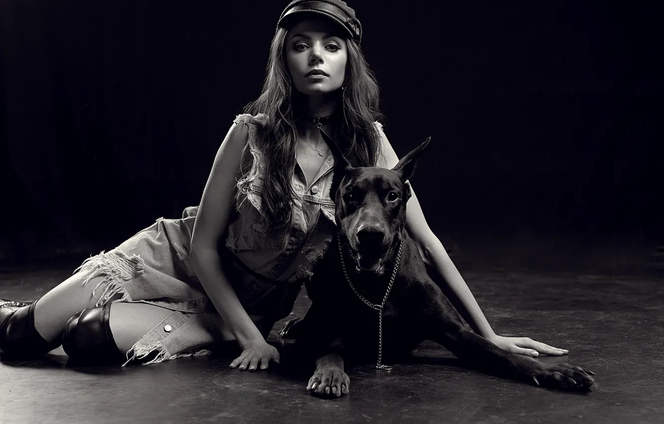 Photo wallpaper look, pose, model, portrait, dog, boots, makeup, dress