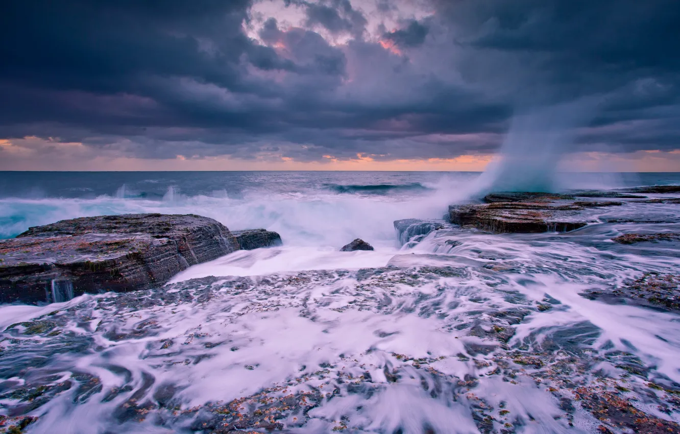 Photo wallpaper sea, landscape, sunset, rocks, wave