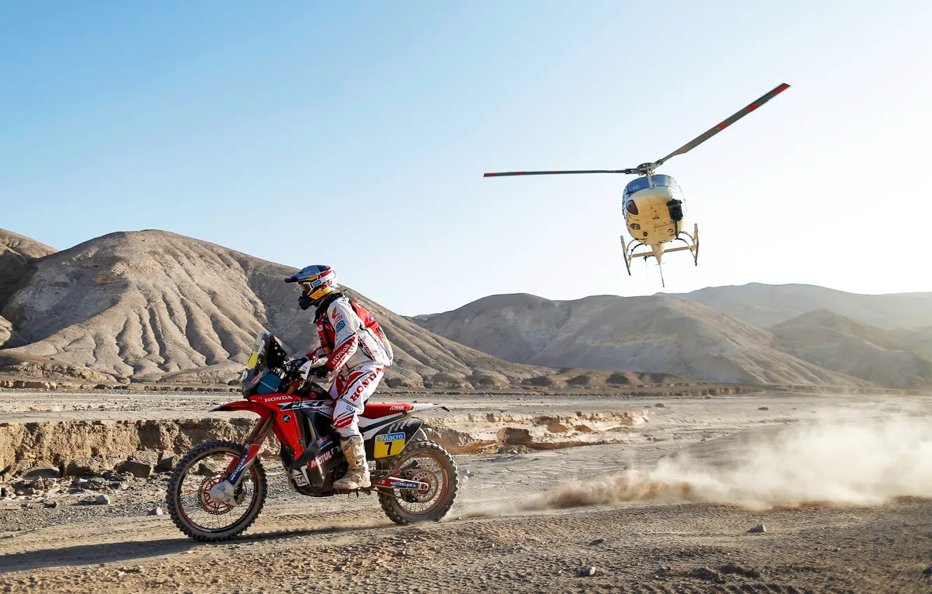 Photo wallpaper Mountains, Sport, Helicopter, Race, Motorcycle, Racer, Moto, Rally