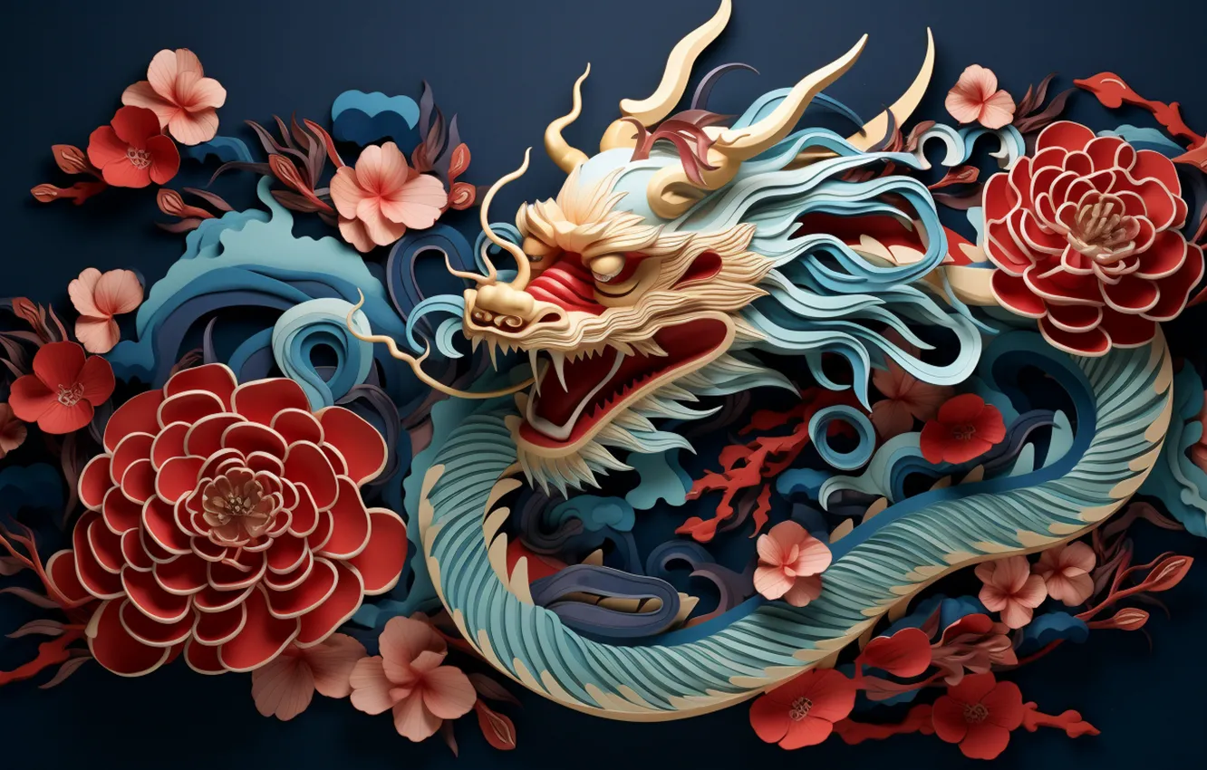 Photo wallpaper flowers, red, pose, blue, dragon, new year, Christmas, mouth