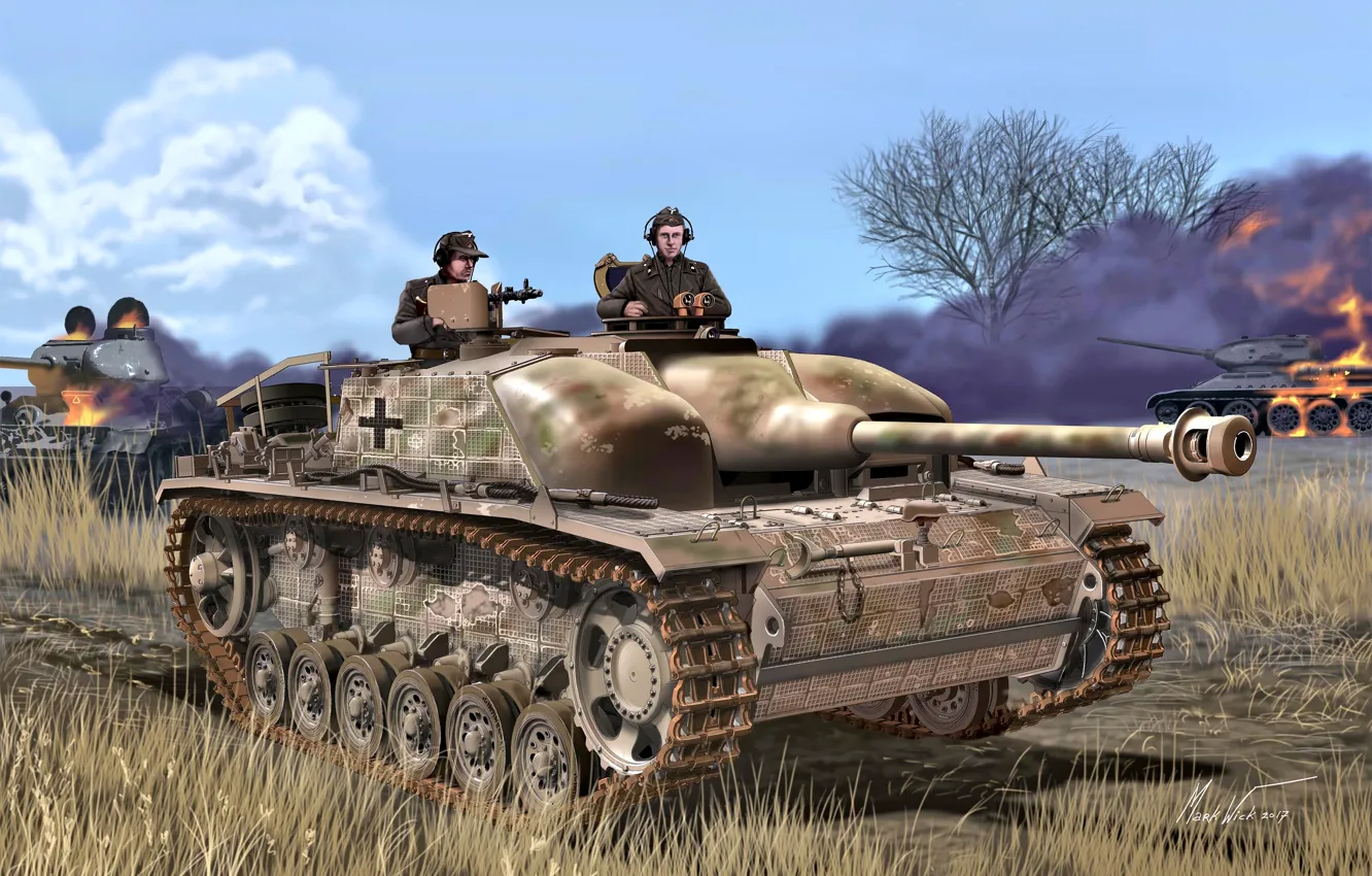 Photo wallpaper Grass, Smoke, Germany, tank, burns, T-34/85, The second World war, The Wehrmacht