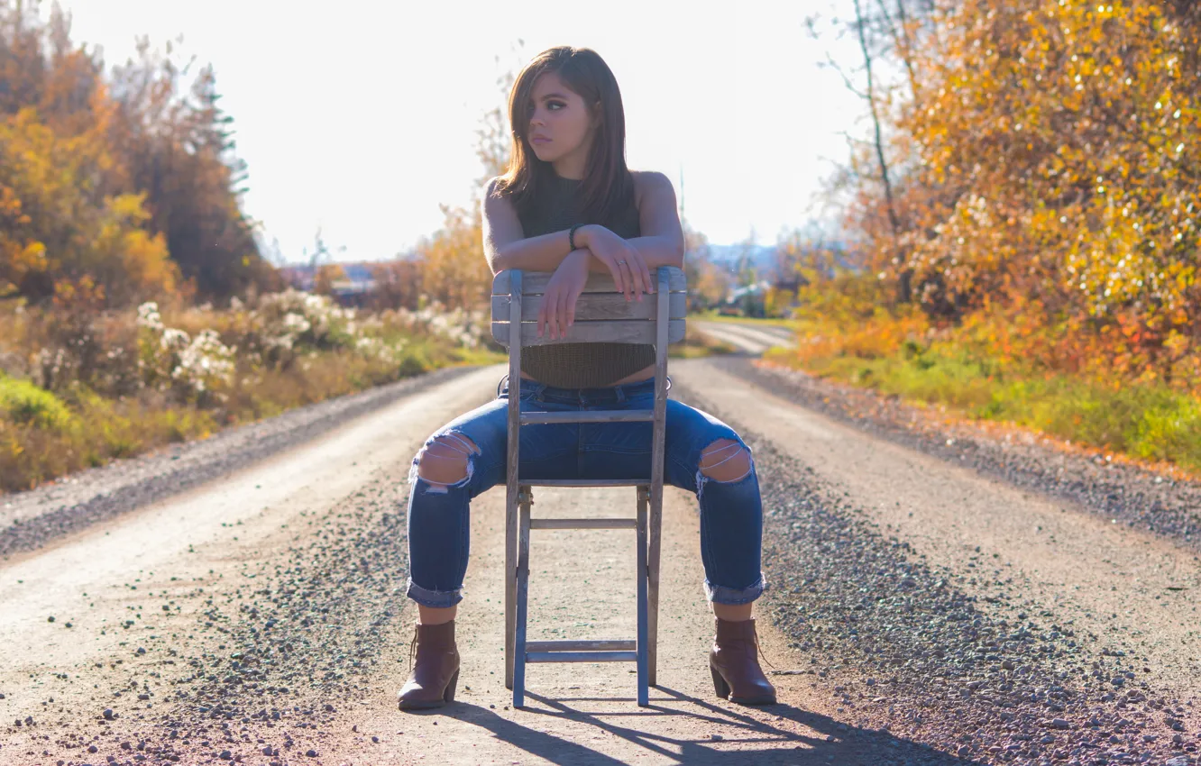Photo wallpaper road, chair, sitting, model, teen, Emily Graceanna