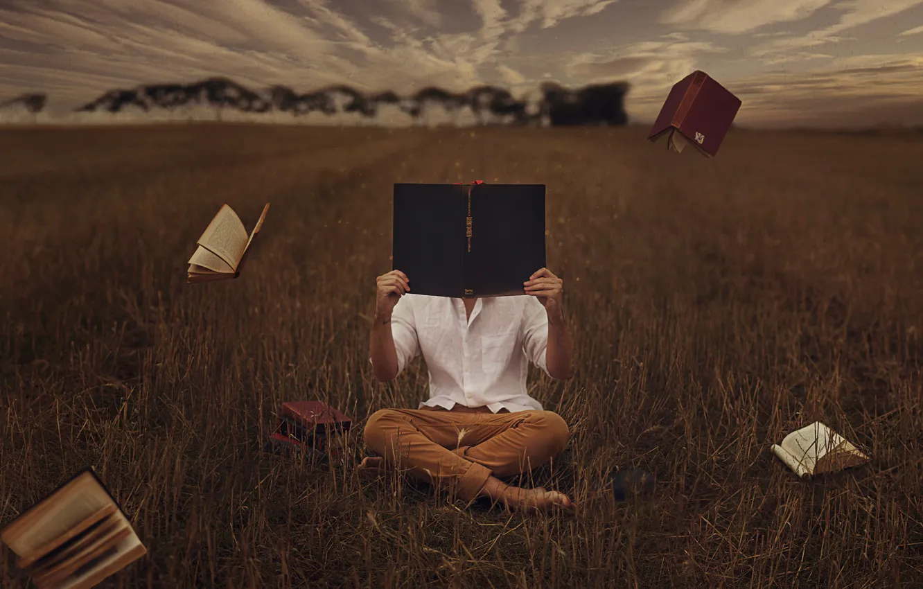 Photo wallpaper field, people, book, the philomath
