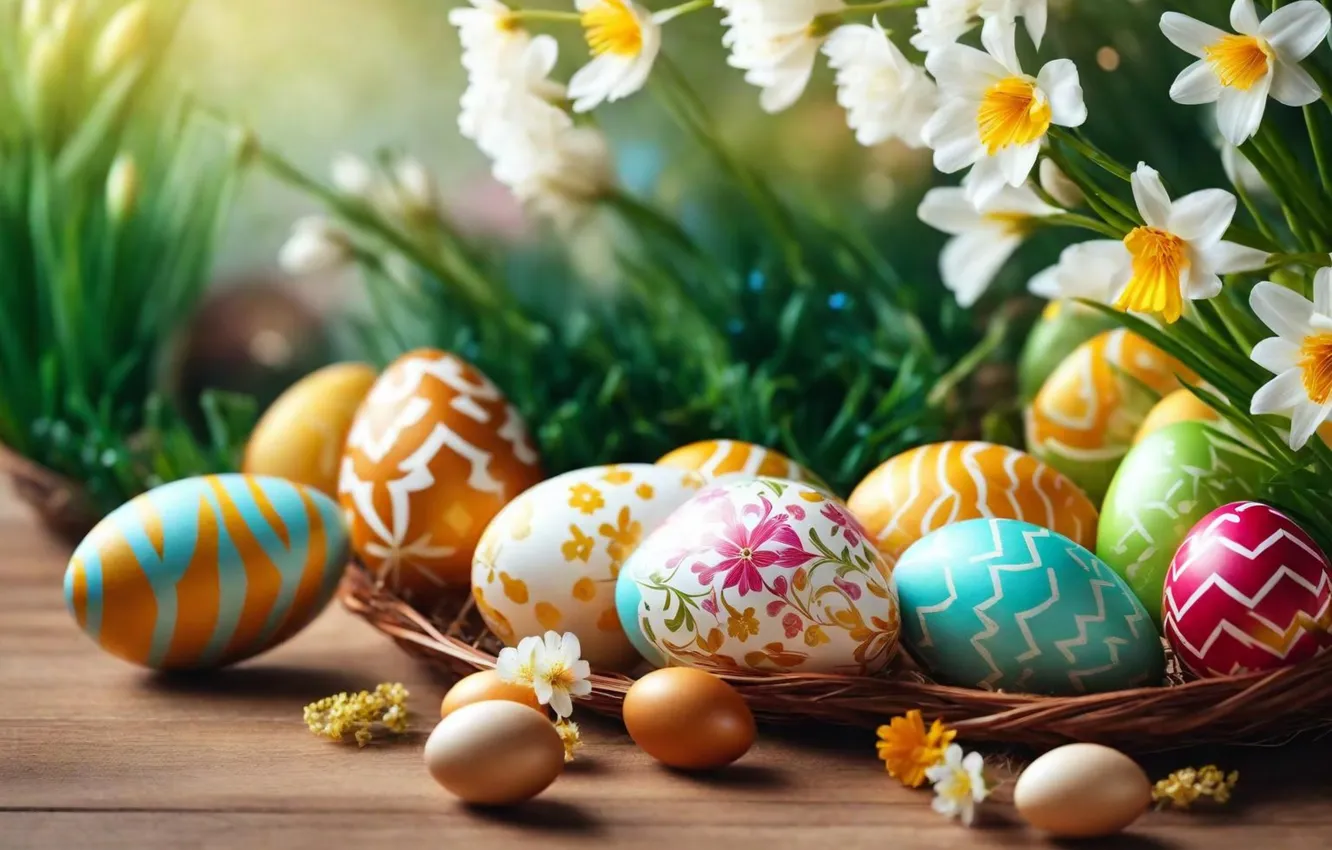 Photo wallpaper flowers, eggs, spring, colorful, Easter, flowers, spring, Easter