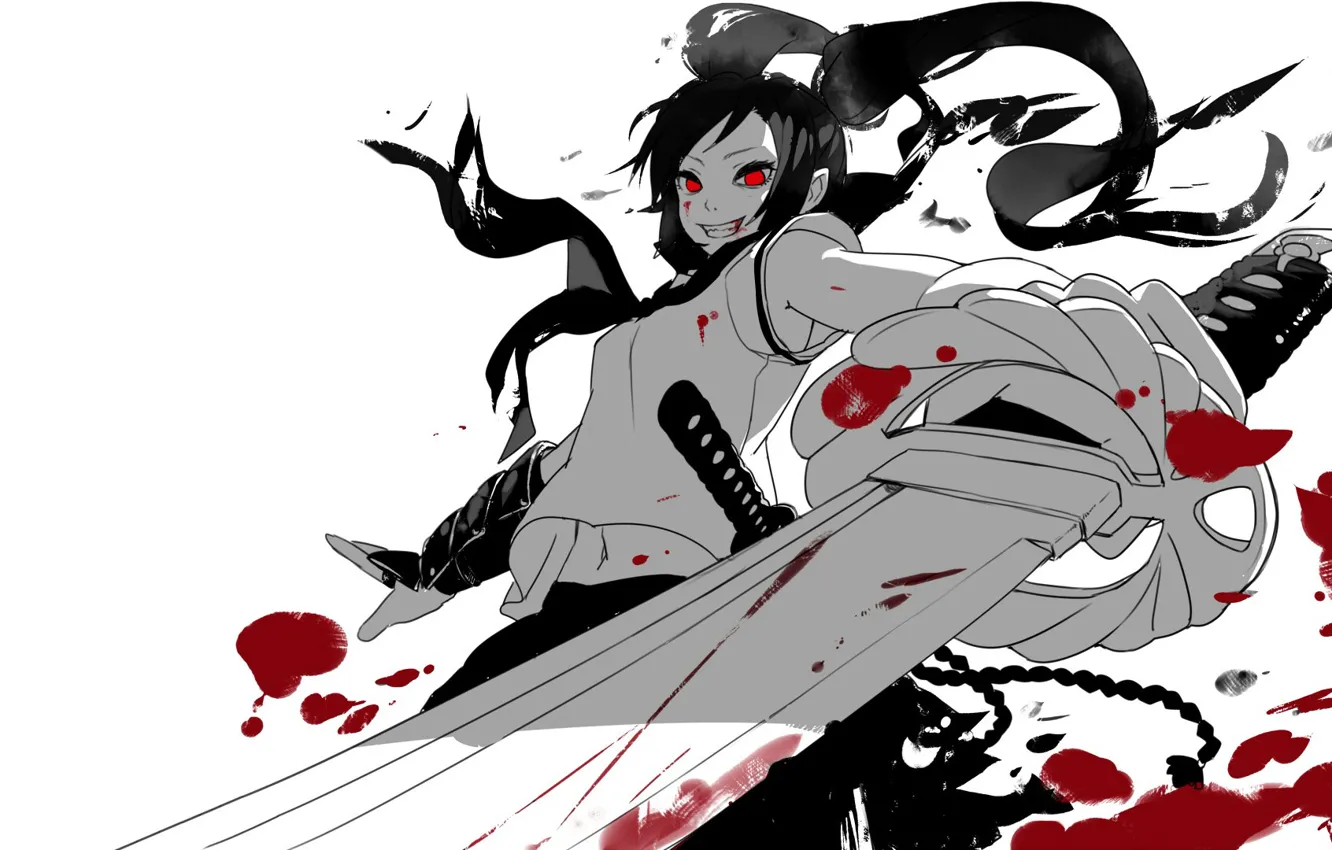 Photo wallpaper girl, smile, blood, sword, katana, white background, red eyes