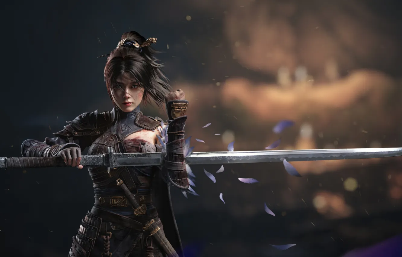 Photo wallpaper girl, sword, armor, asian, warrior, Wuchang fallen feathers