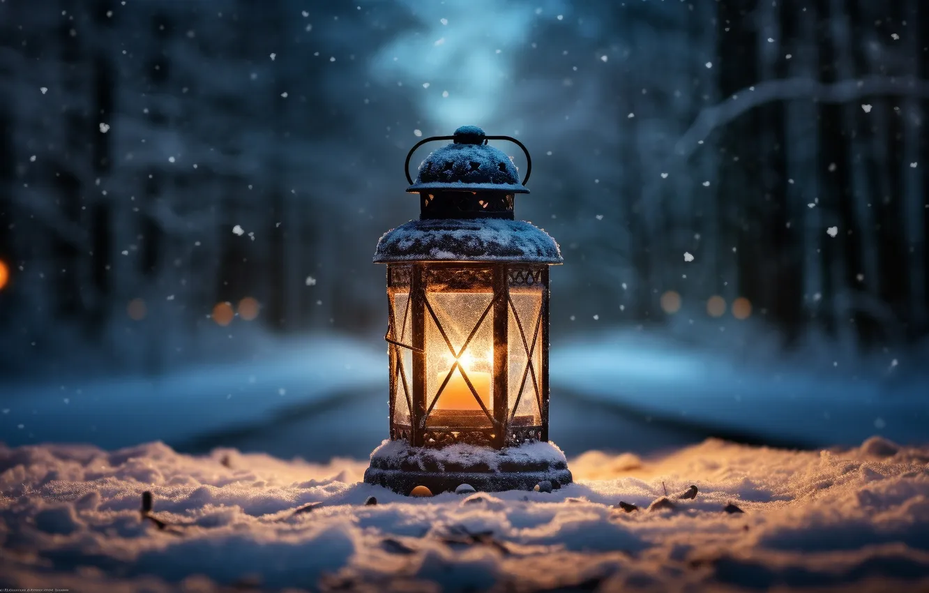 Photo wallpaper winter, snow, night, new year, Christmas, lights, Christmas, night
