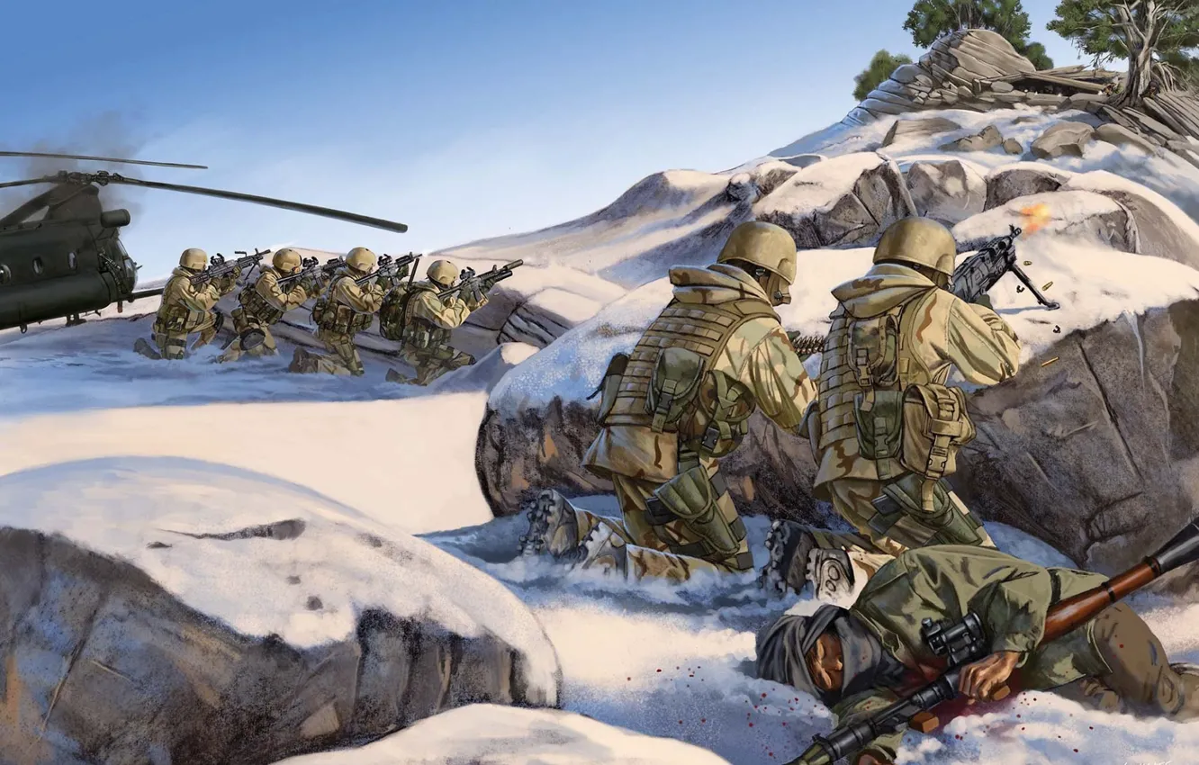 Photo wallpaper mountains, power, figure, tops, battle, USA, helicopter, action