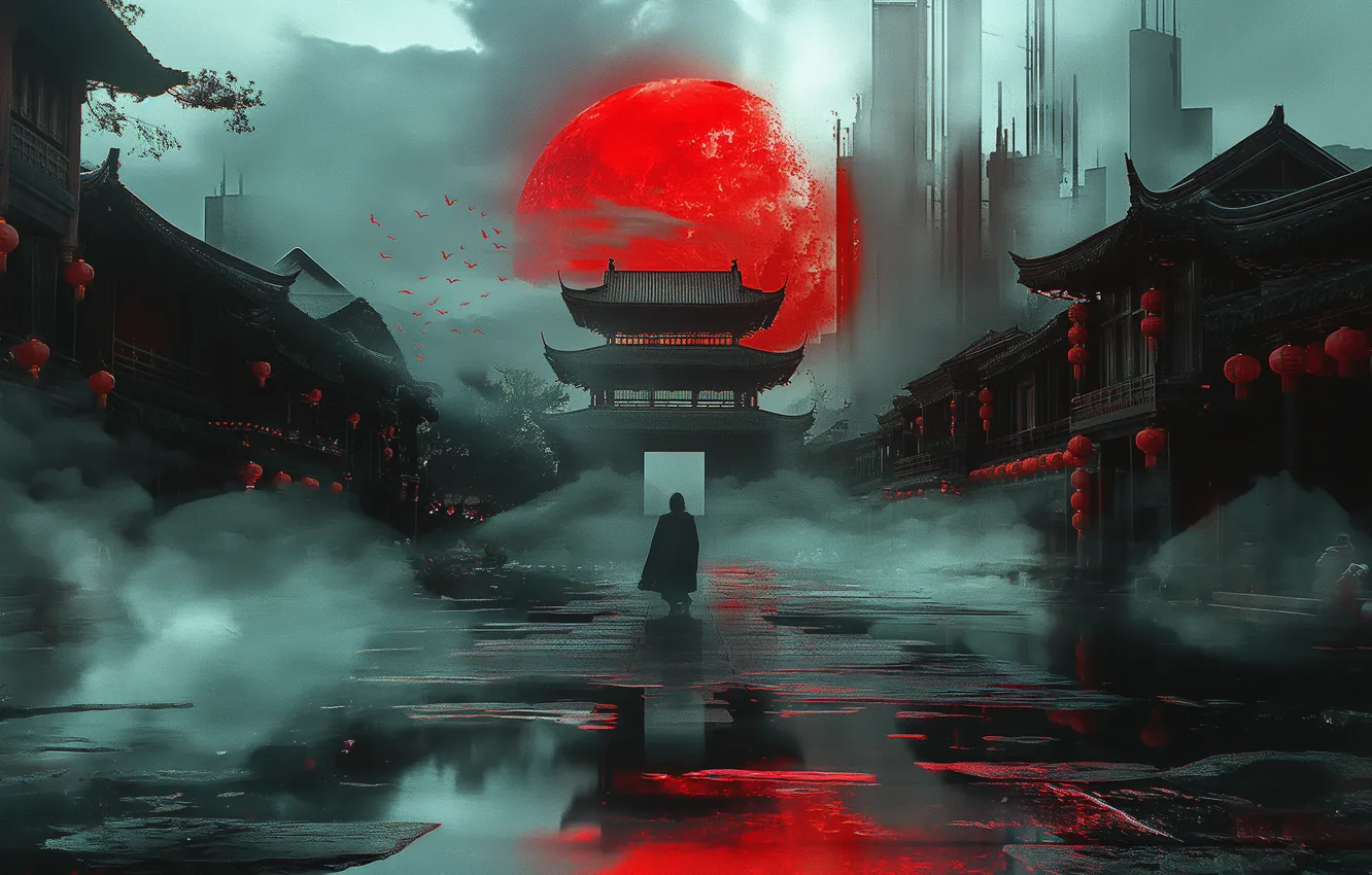 Photo wallpaper red, Moon, fog, digital art, lantern, mist, crimson, ancient city