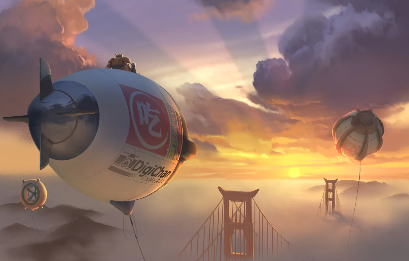 Photo wallpaper the sky, clouds, sunset, bridge, cartoon, CA, the airship, USA