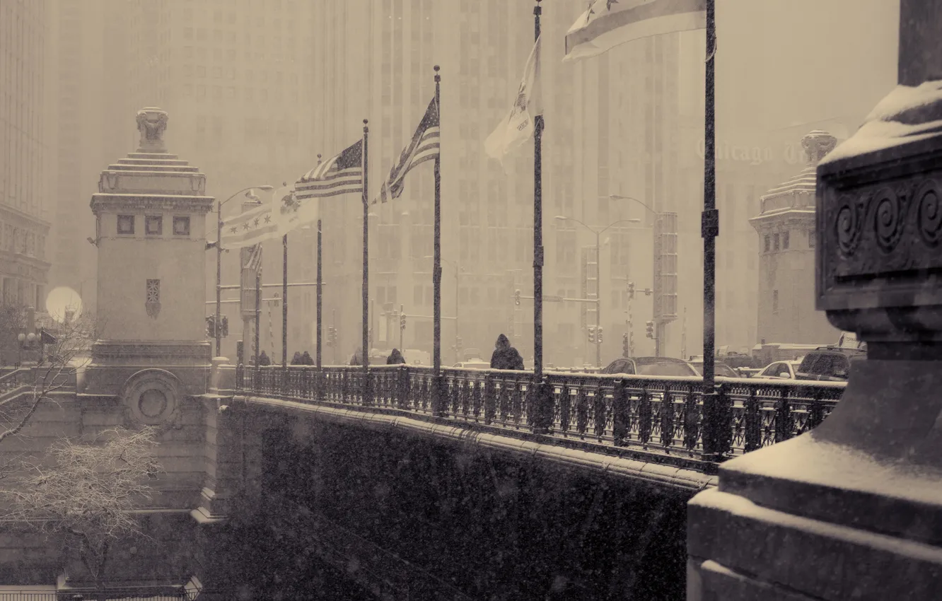 Photo wallpaper winter, snow, bridge, people, building, Chicago, Blizzard, Chicago