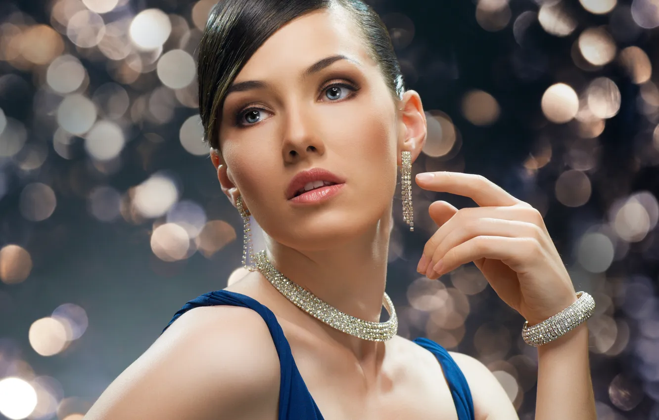 Photo wallpaper look, girl, reverie, earrings, dress, hairstyle, bracelet, brown hair