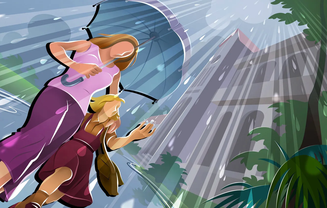 Photo wallpaper landscape, the city, rain, home, vector, mom, daughter