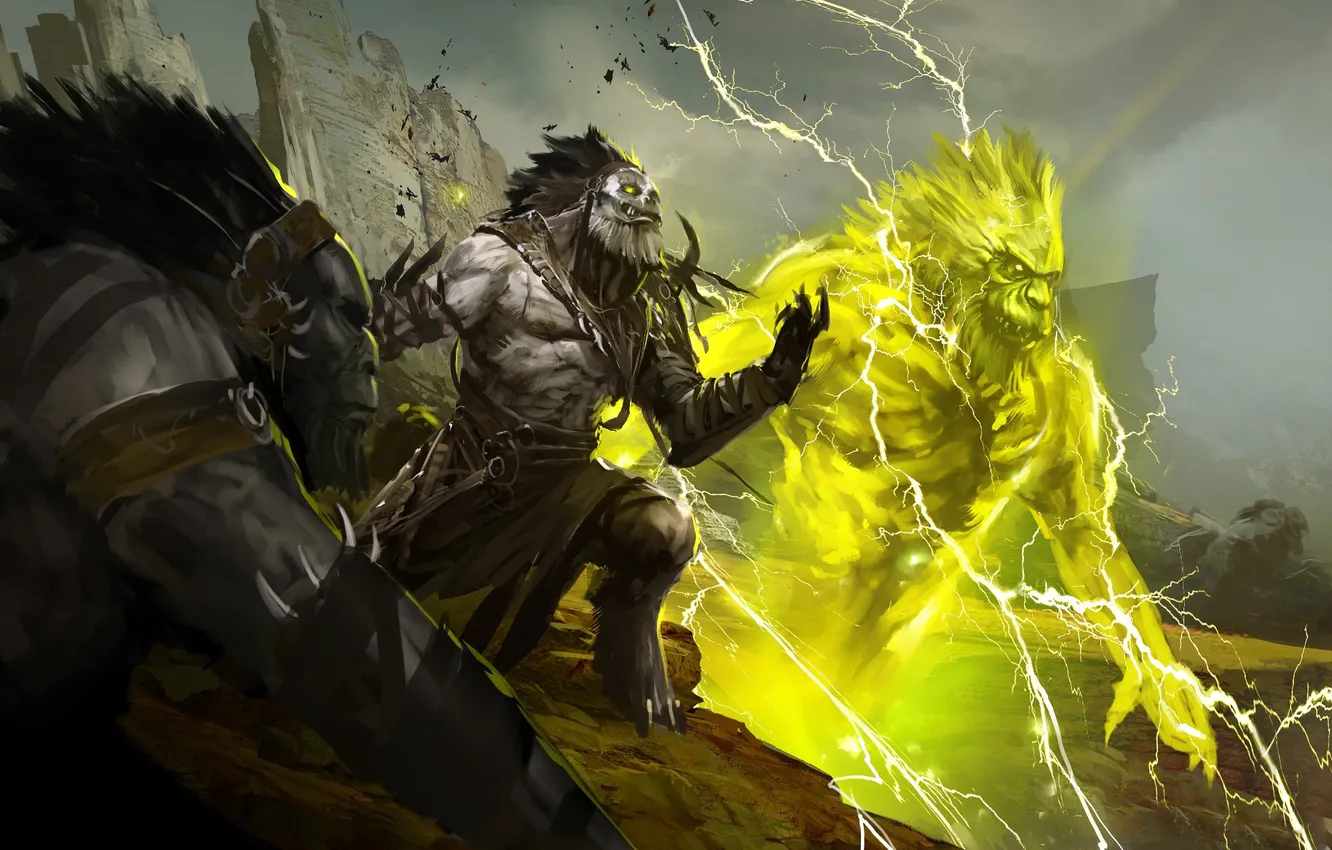 Photo wallpaper mountains, lightning, spirit, warrior, Guild Wars 2, Troll