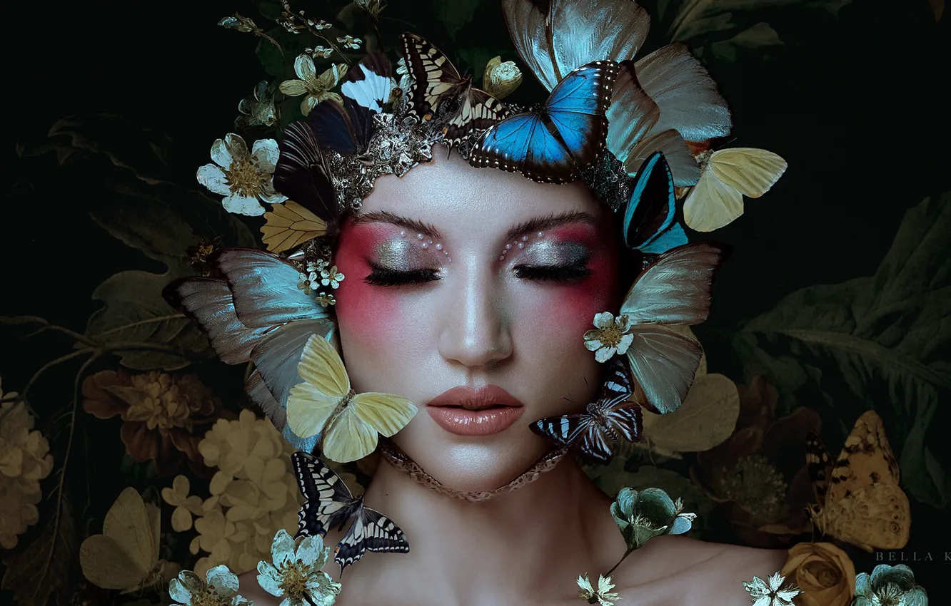 Photo wallpaper girl, butterfly, flowers, face, style, makeup, closed eyes, Bella Kotak