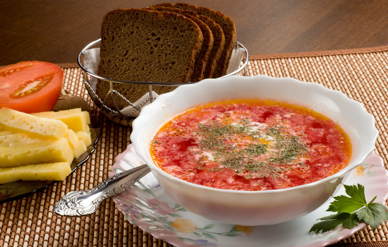Photo wallpaper greens, food, cheese, plate, bread, spoon, tomato, soup