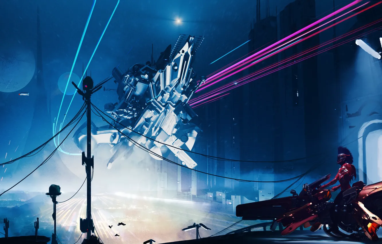 Photo wallpaper night, city, the city, fiction, transport, motorcycle, fantasy, bike