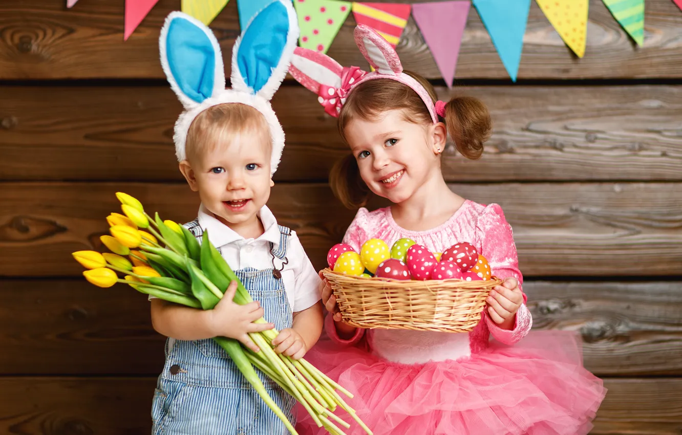 Photo wallpaper flowers, children, holiday, eggs, tulips, Bunny
