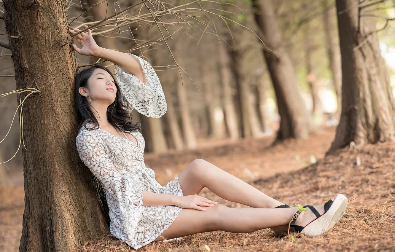 Photo wallpaper girl, trees, dress, legs, Asian, bokeh
