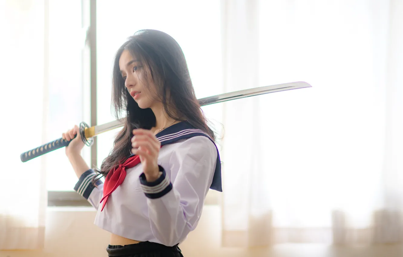 Photo wallpaper girl, face, sword, katana, East