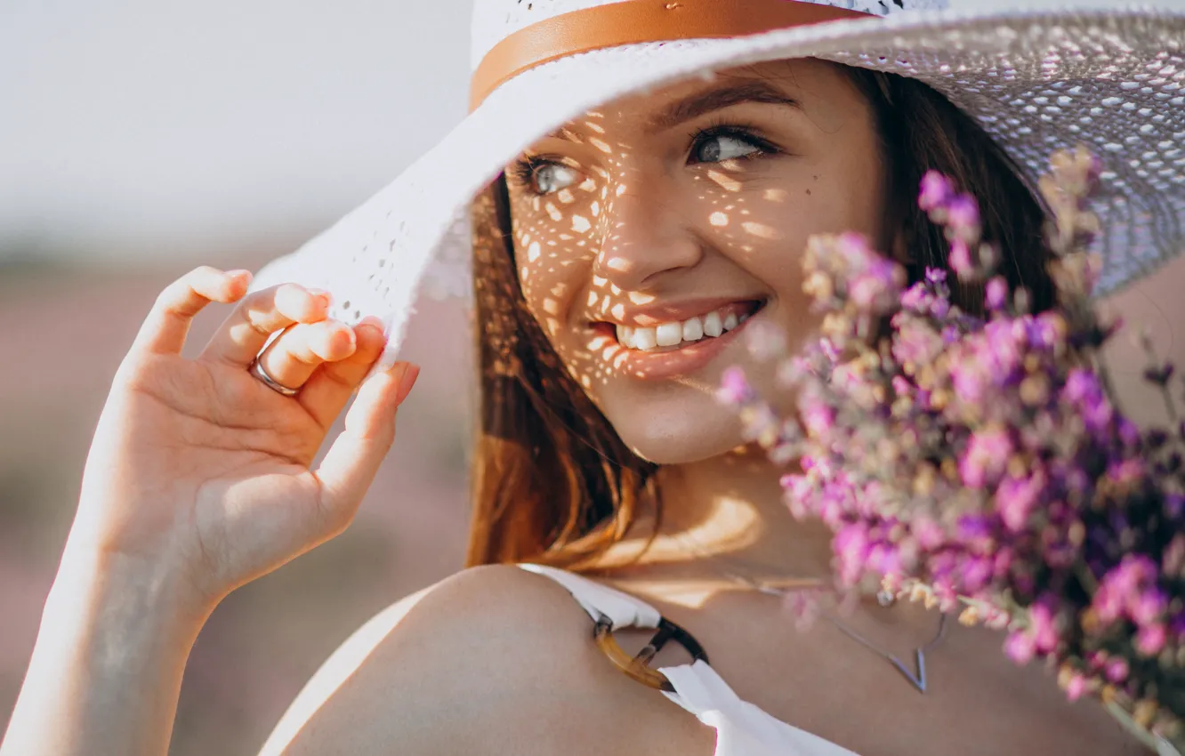 Photo wallpaper girl, flowers, portrait, hat, lavender, lavender field