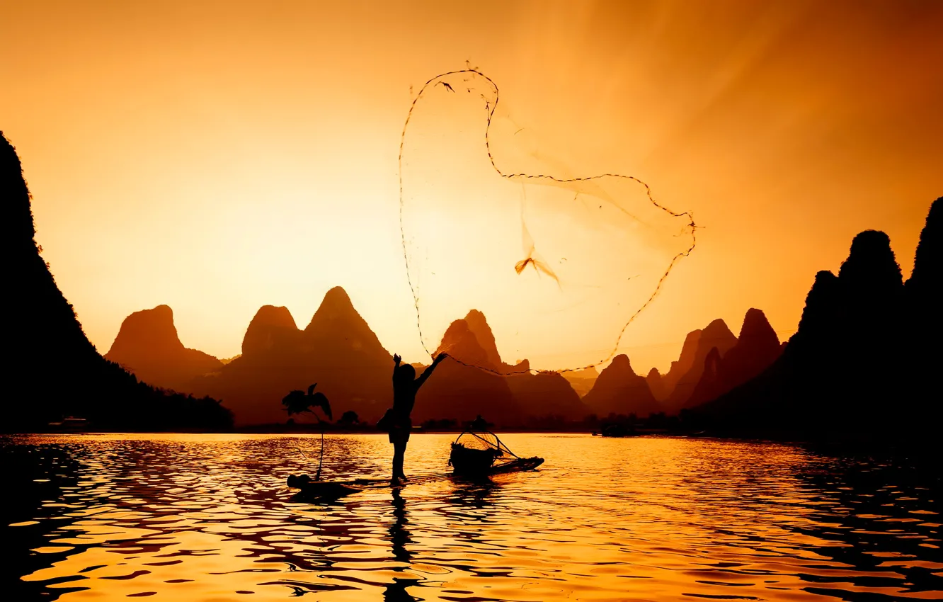 Photo wallpaper river, network, fisherman, fishing at sunset