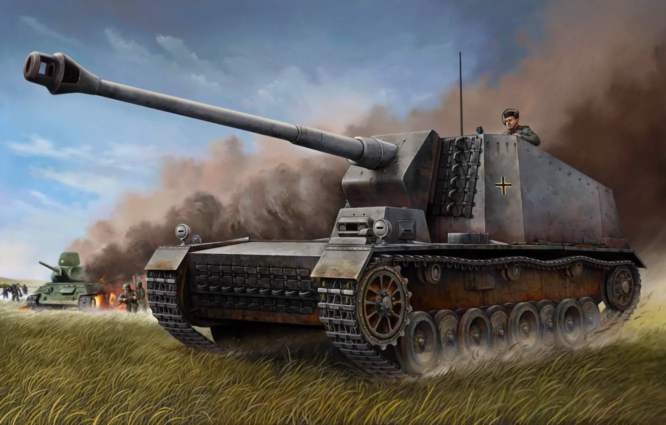 Photo wallpaper war, art, tank, ww2, German 12.8 cm self-propelled gun L/61 &ampquot;Stubborn Emil&q