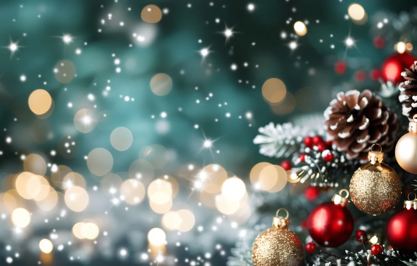 Photo wallpaper balls, lights, lights, new year, Christmas, needles, bumps, bokeh