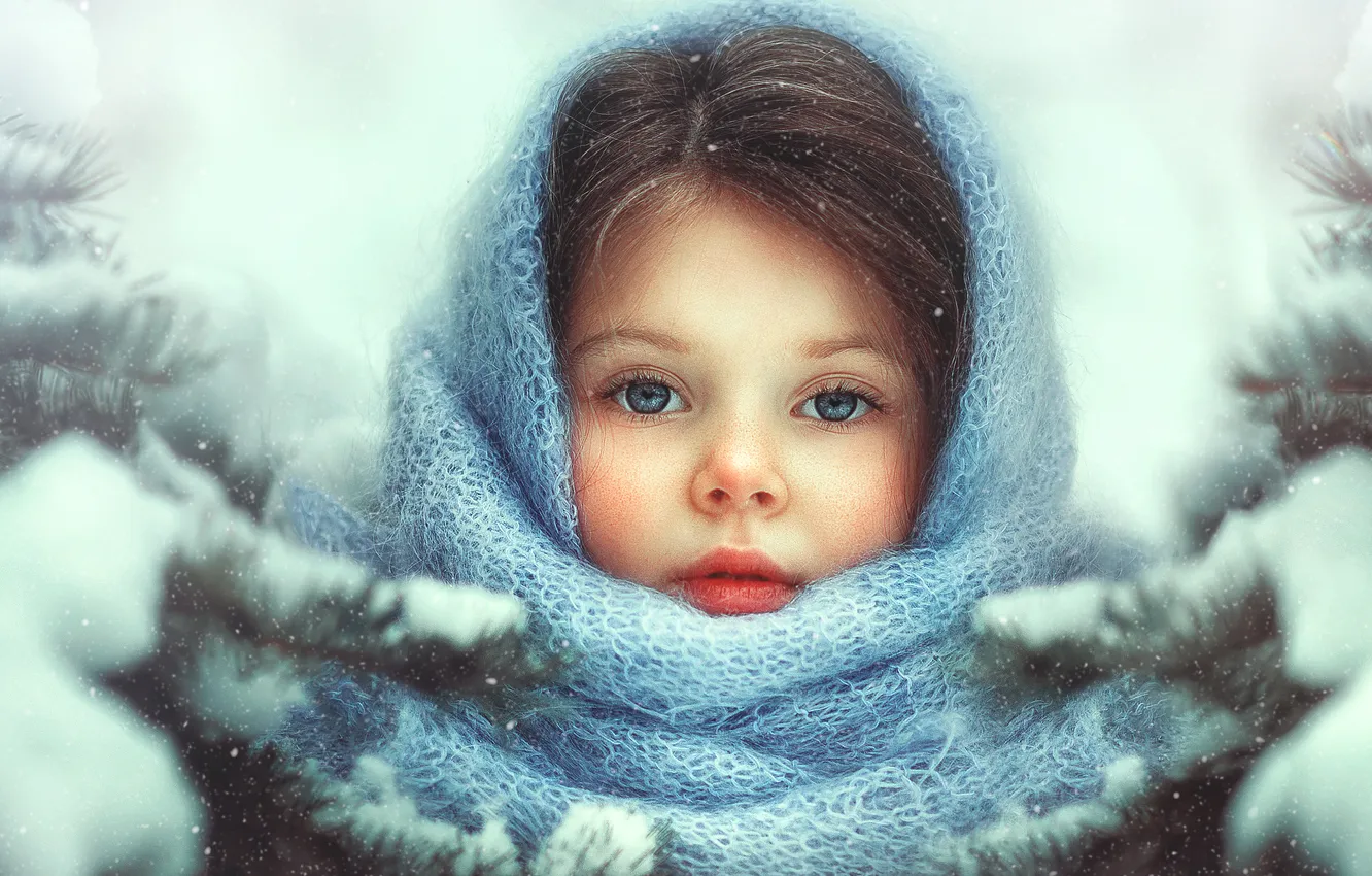 Photo wallpaper winter, snow, girl, Irina Ganich, down shawl
