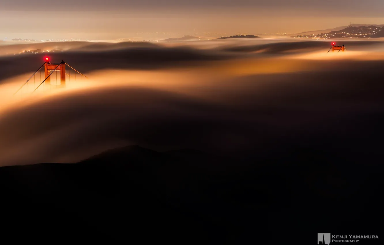 Photo wallpaper night, bridge, lights, fog, support, San Francisco, Golden Gate, photographer