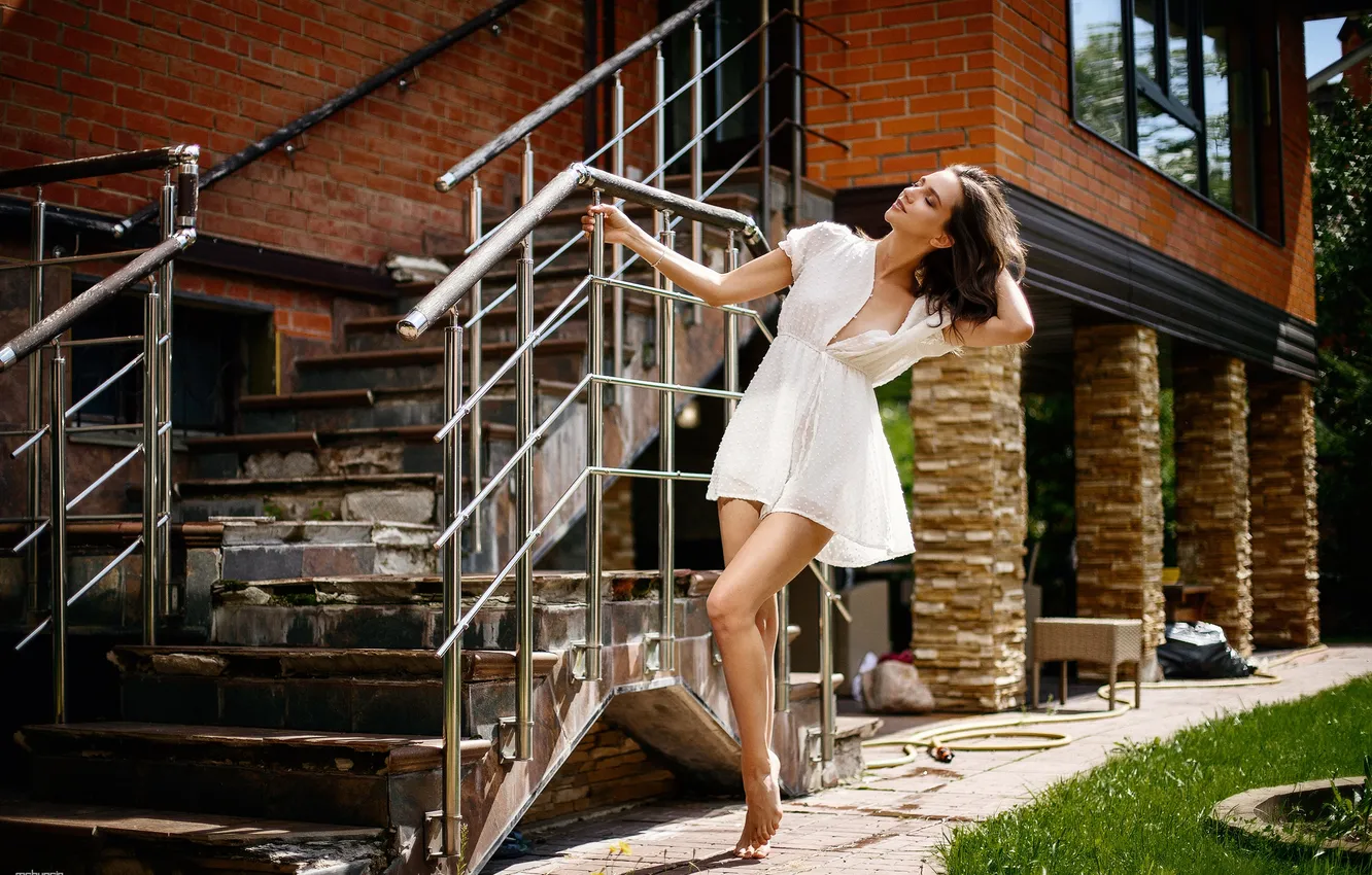 Photo wallpaper girl, pose, dress, ladder, legs, closed eyes, Maksim Chuprin, Alina Gracheva