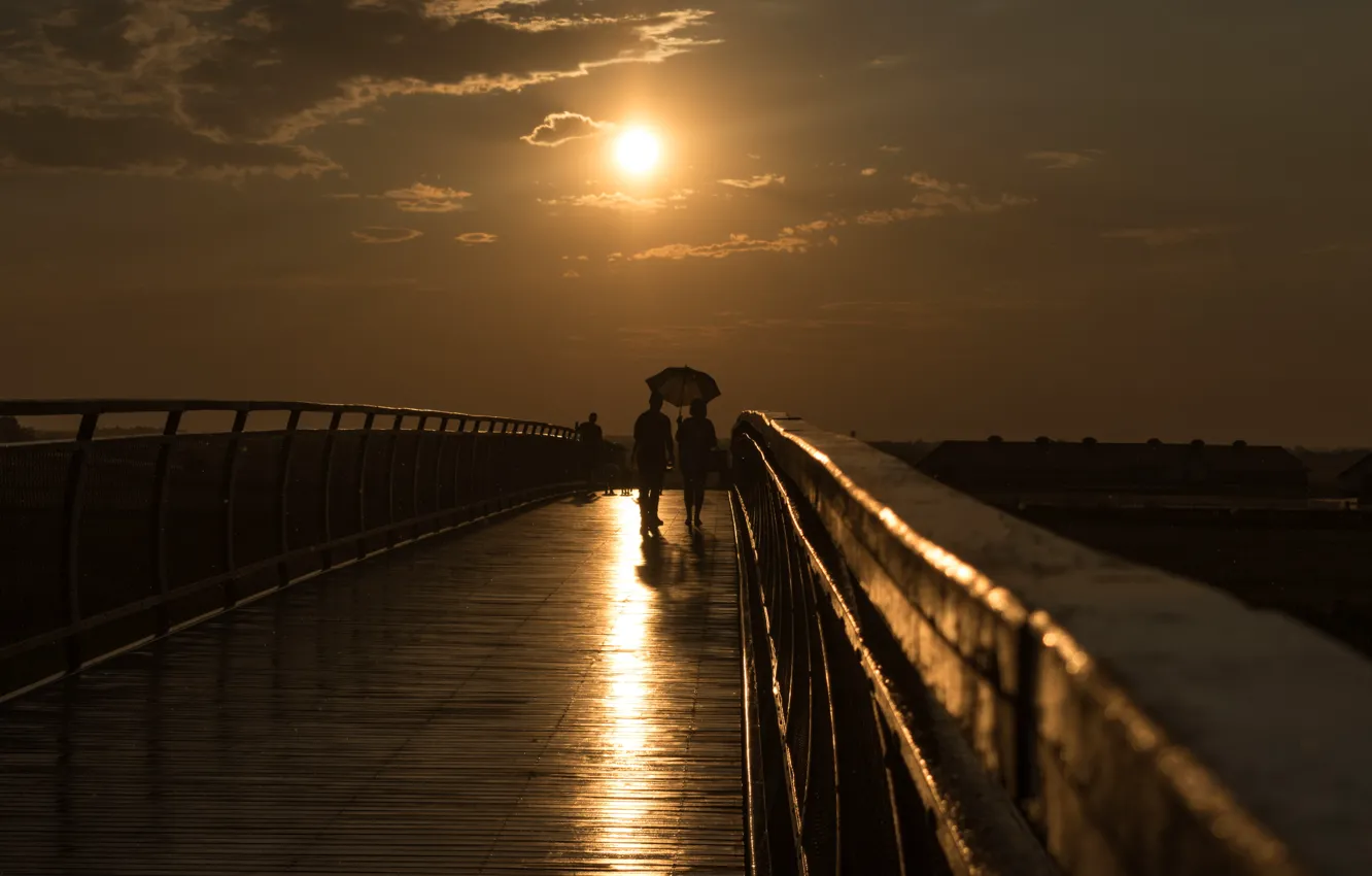 Photo wallpaper the sky, the sun, clouds, light, landscape, sunset, bridge, glare