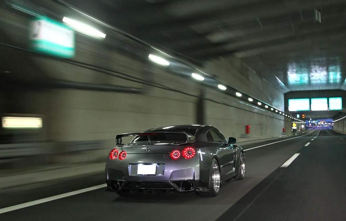 Photo wallpaper grey, the tunnel, Nissan GTR