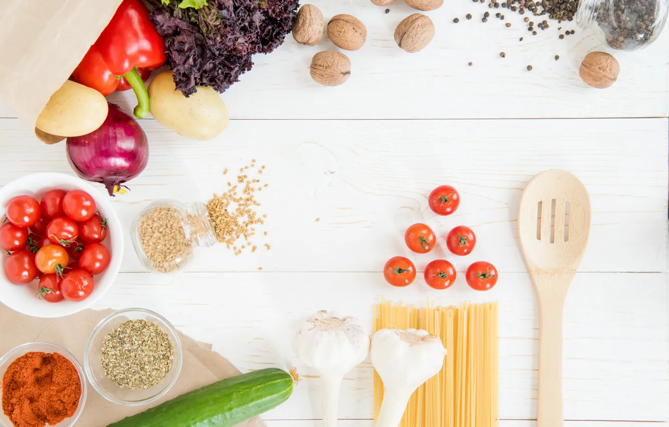 Photo wallpaper pepper, nuts, vegetables, spices