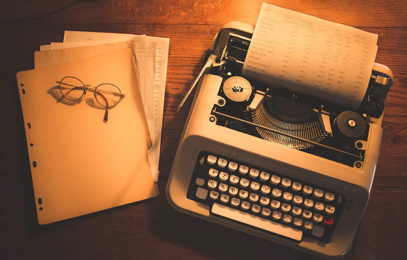 Photo wallpaper leaves, glasses, typewriter, documents, wooden table